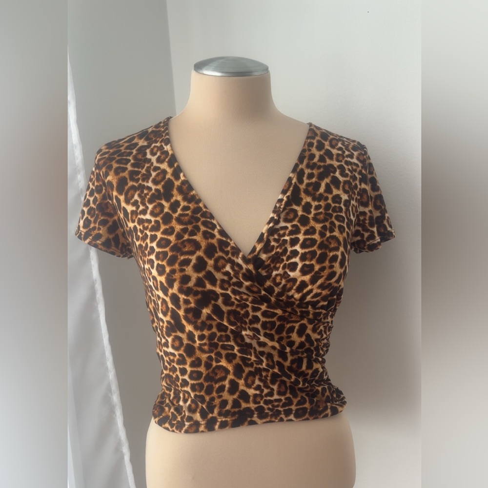 Leopard Print V-Neck Wrap Crop Top - Brown